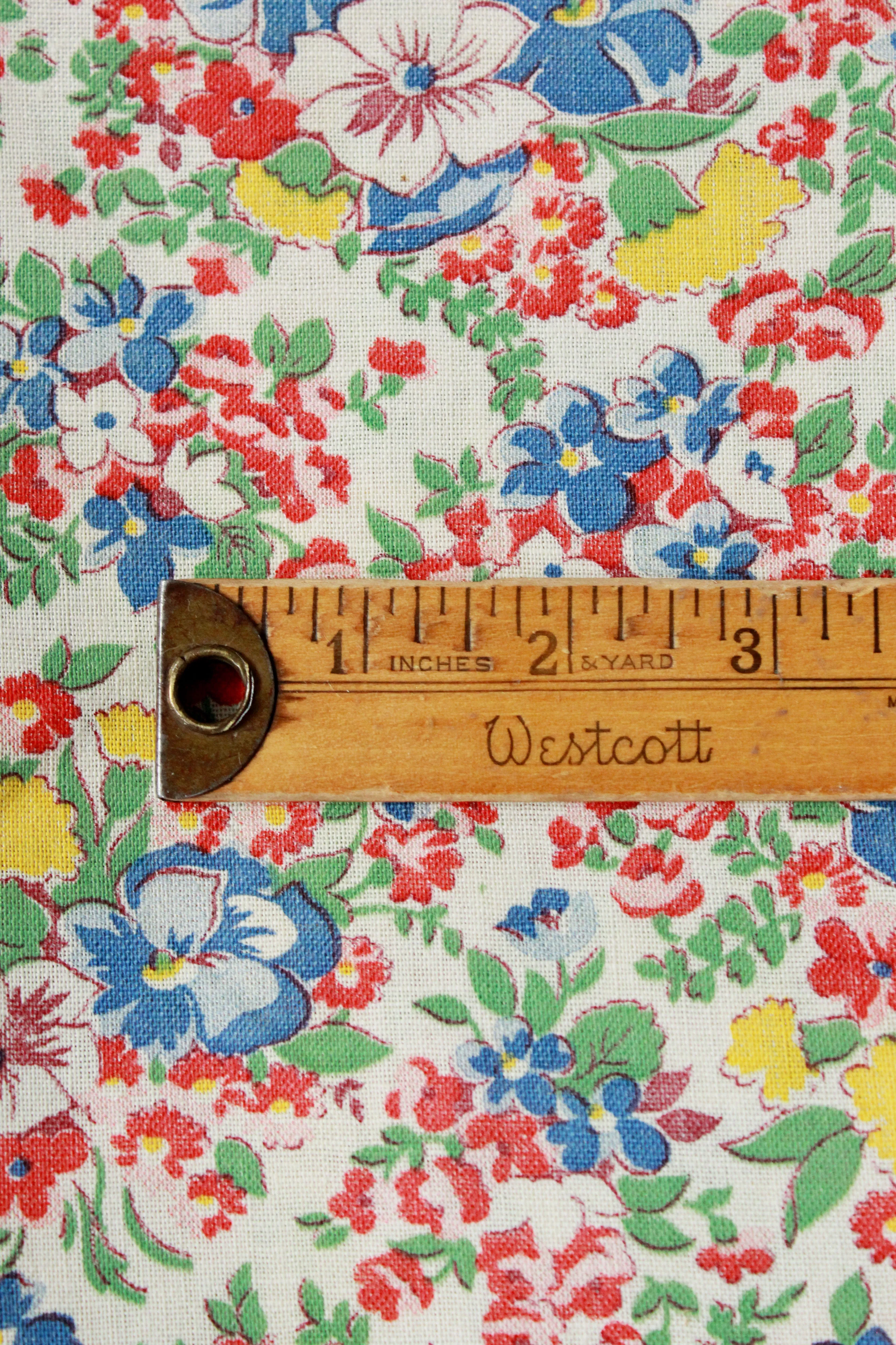 1940s Floral Feedsack In Primary Colours, Red/Blue/Yellow/Green, 1940s Vintage Summer Fabric