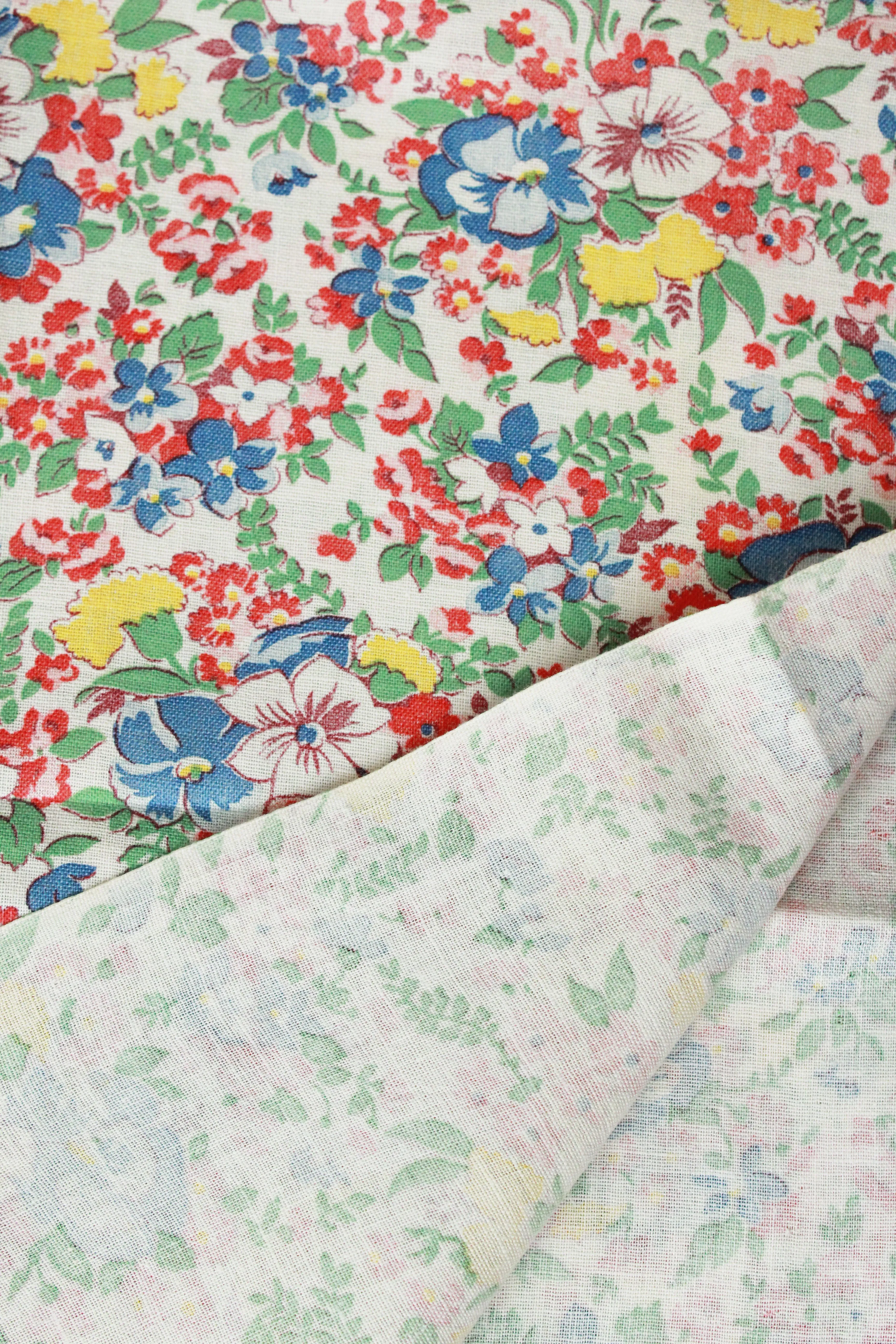 1940s Floral Feedsack In Primary Colours, Red/Blue/Yellow/Green, 1940s Vintage Summer Fabric