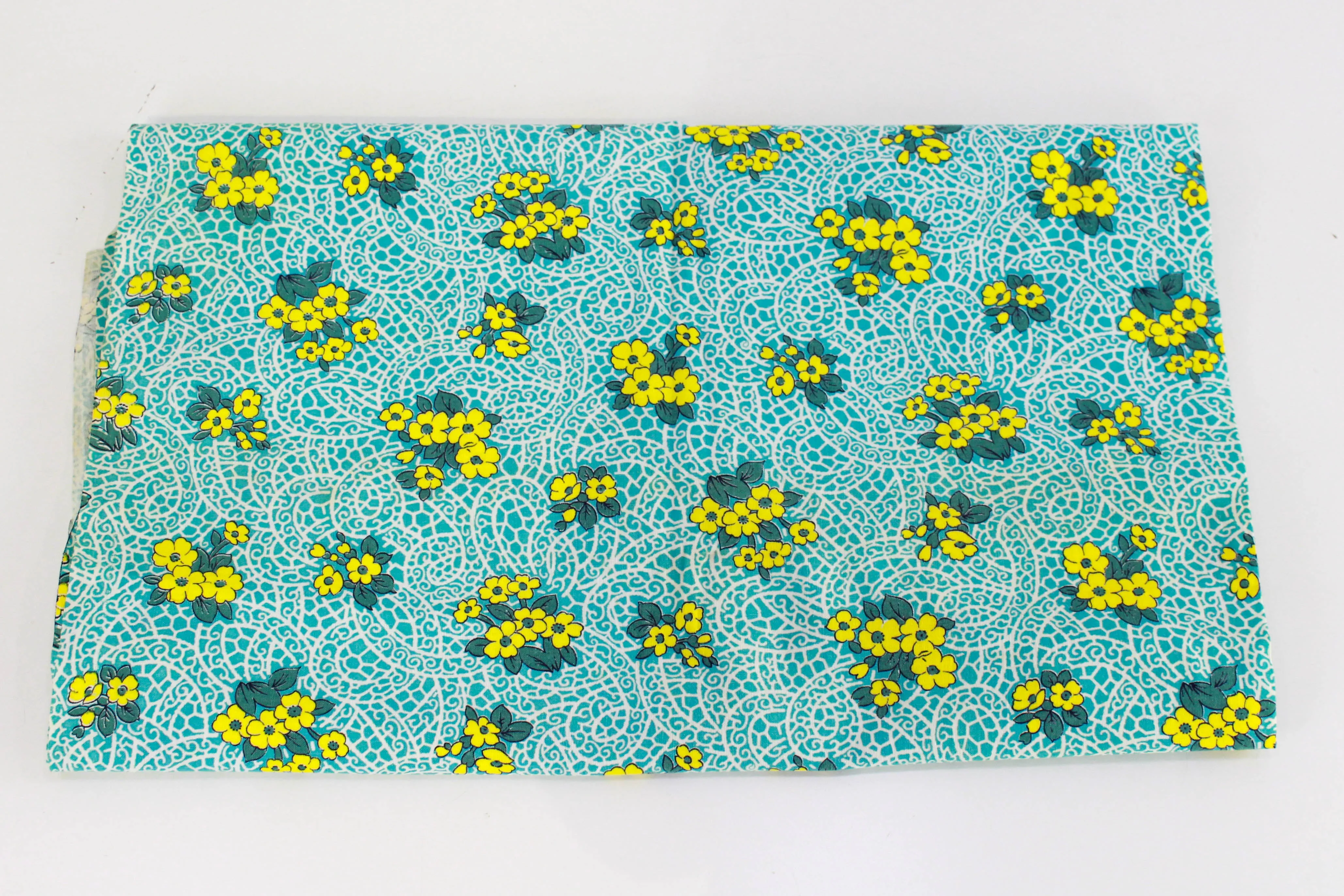 1940s Turquoise Yellow Floral Print Feedsack Cotton Fabric, 2 Pieces