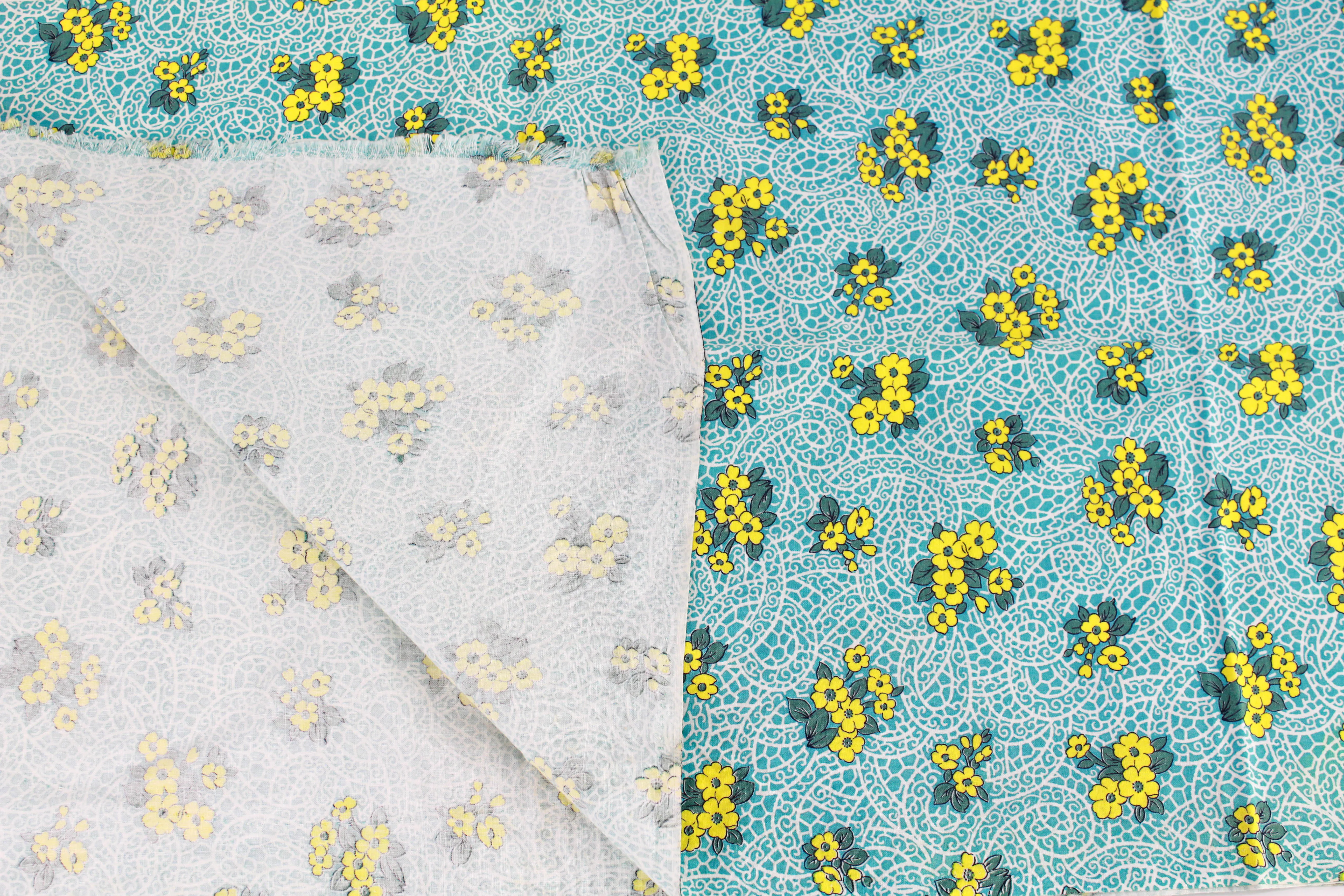 1940s Turquoise Yellow Floral Print Feedsack Cotton Fabric, 2 Pieces