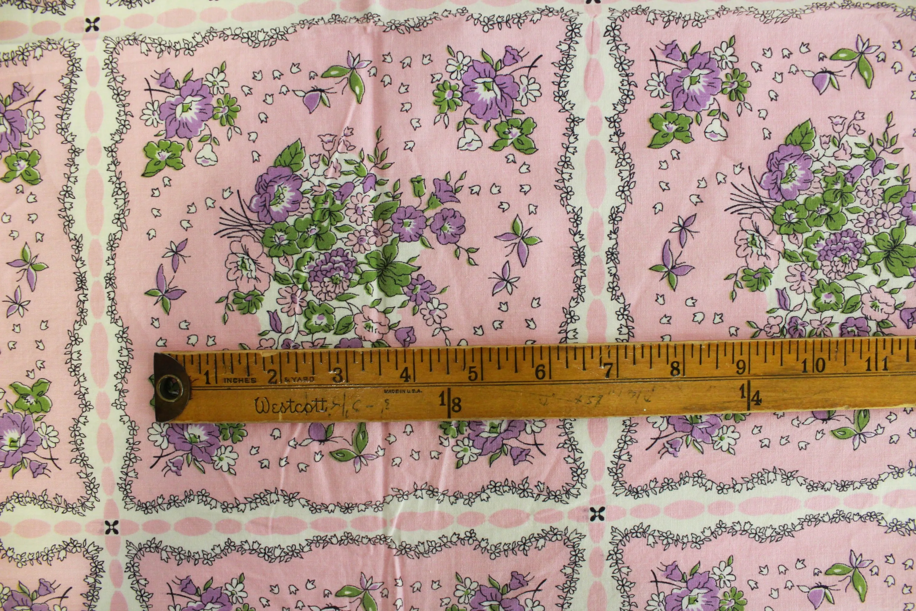 1950s Pink Floral Print Cotton Fabric, 4.9 Yards