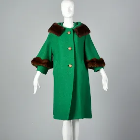 1960s Green Coat with Marmot Fur Trim & Dramatic Collar