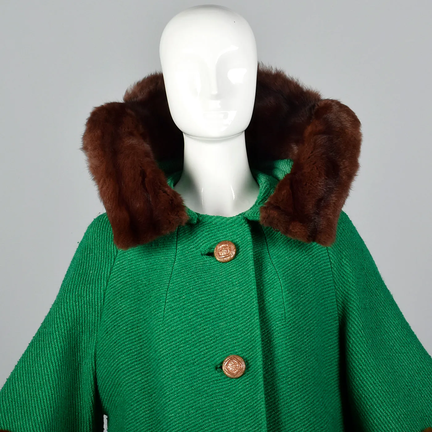 1960s Green Coat with Marmot Fur Trim & Dramatic Collar