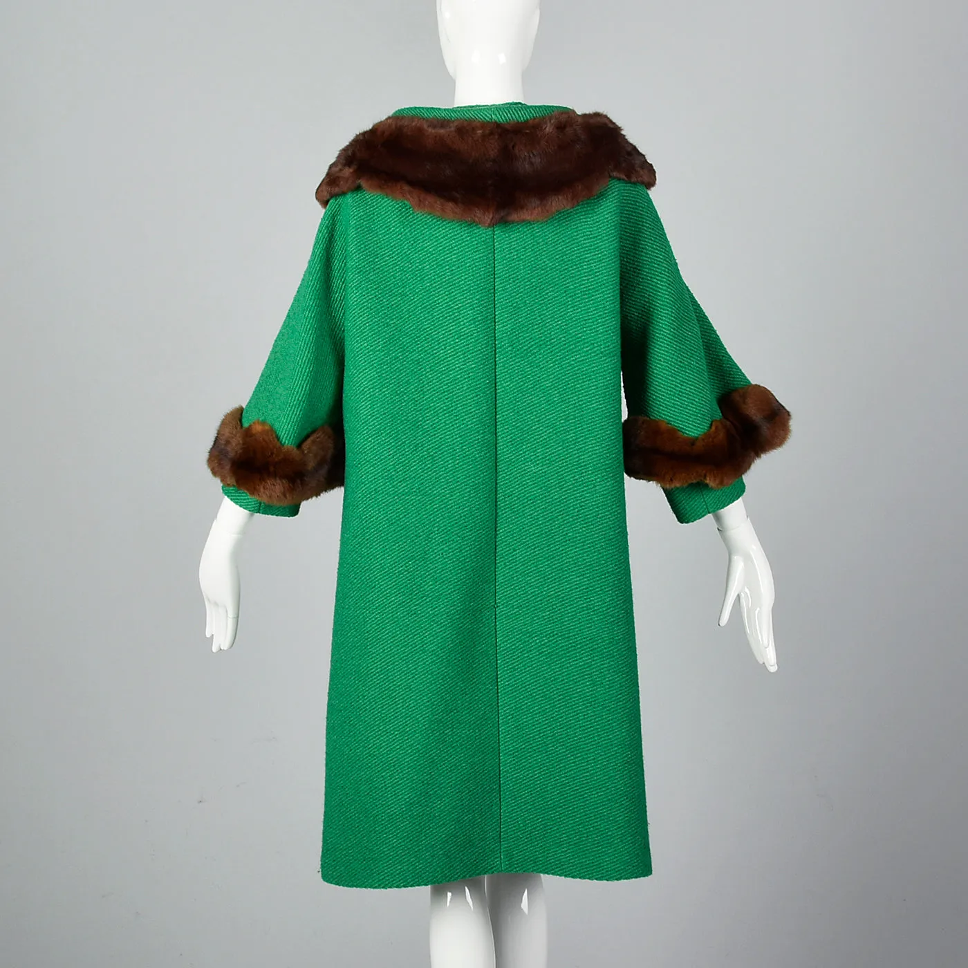 1960s Green Coat with Marmot Fur Trim & Dramatic Collar