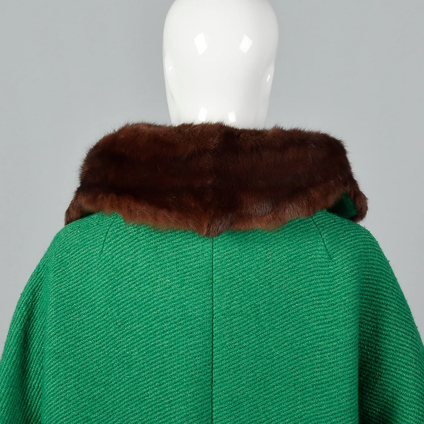 1960s Green Coat with Marmot Fur Trim & Dramatic Collar