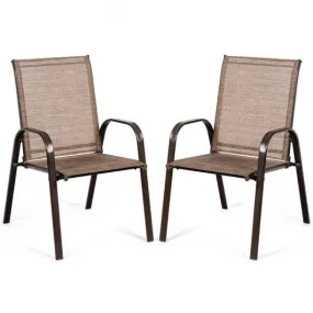 2 PCS Patio Chairs Outdoor Dining Chair with Armrest-Brown