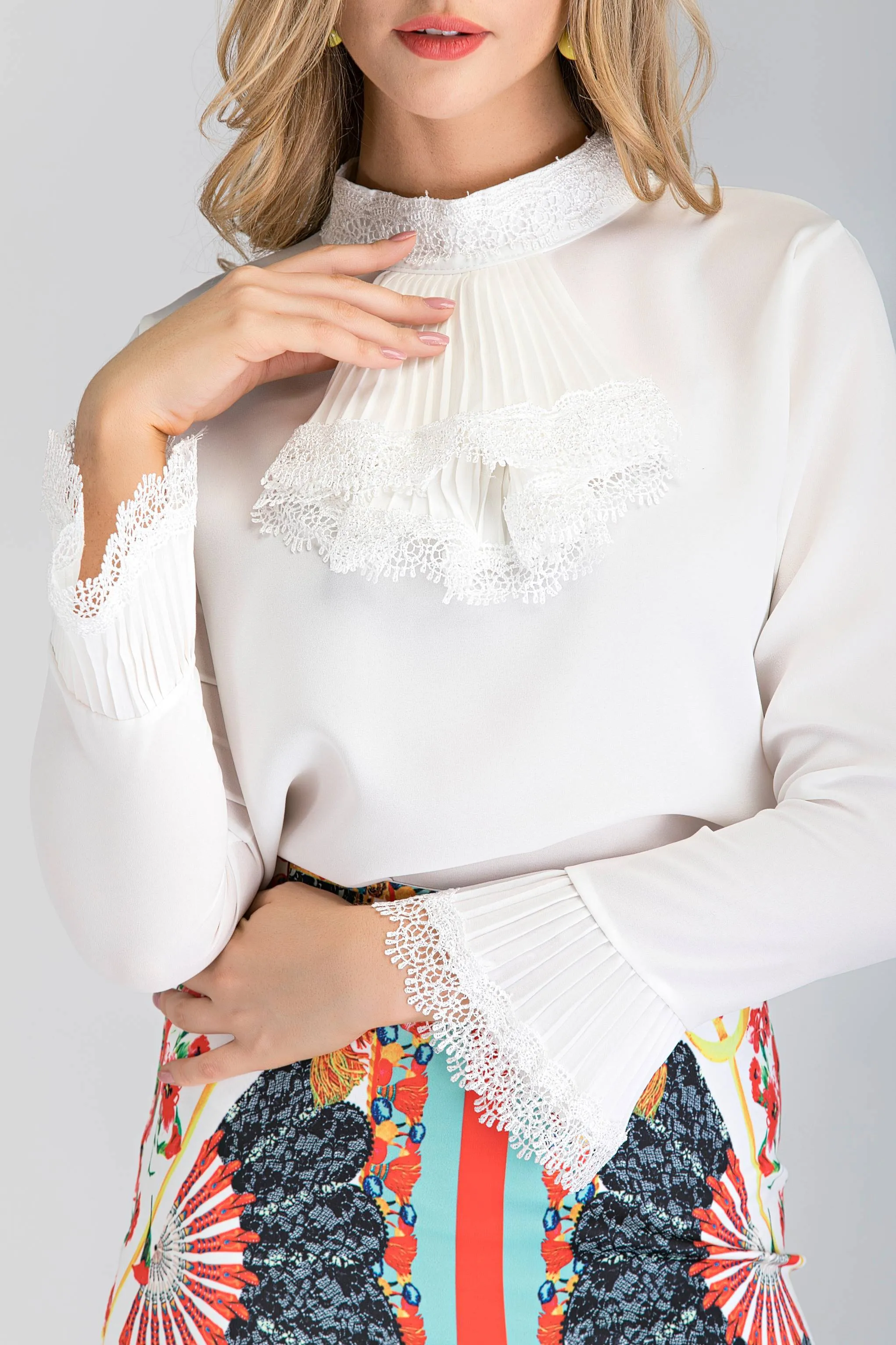 2 piece white Pleated Gabot Top and Printed Pencil Skirt Set