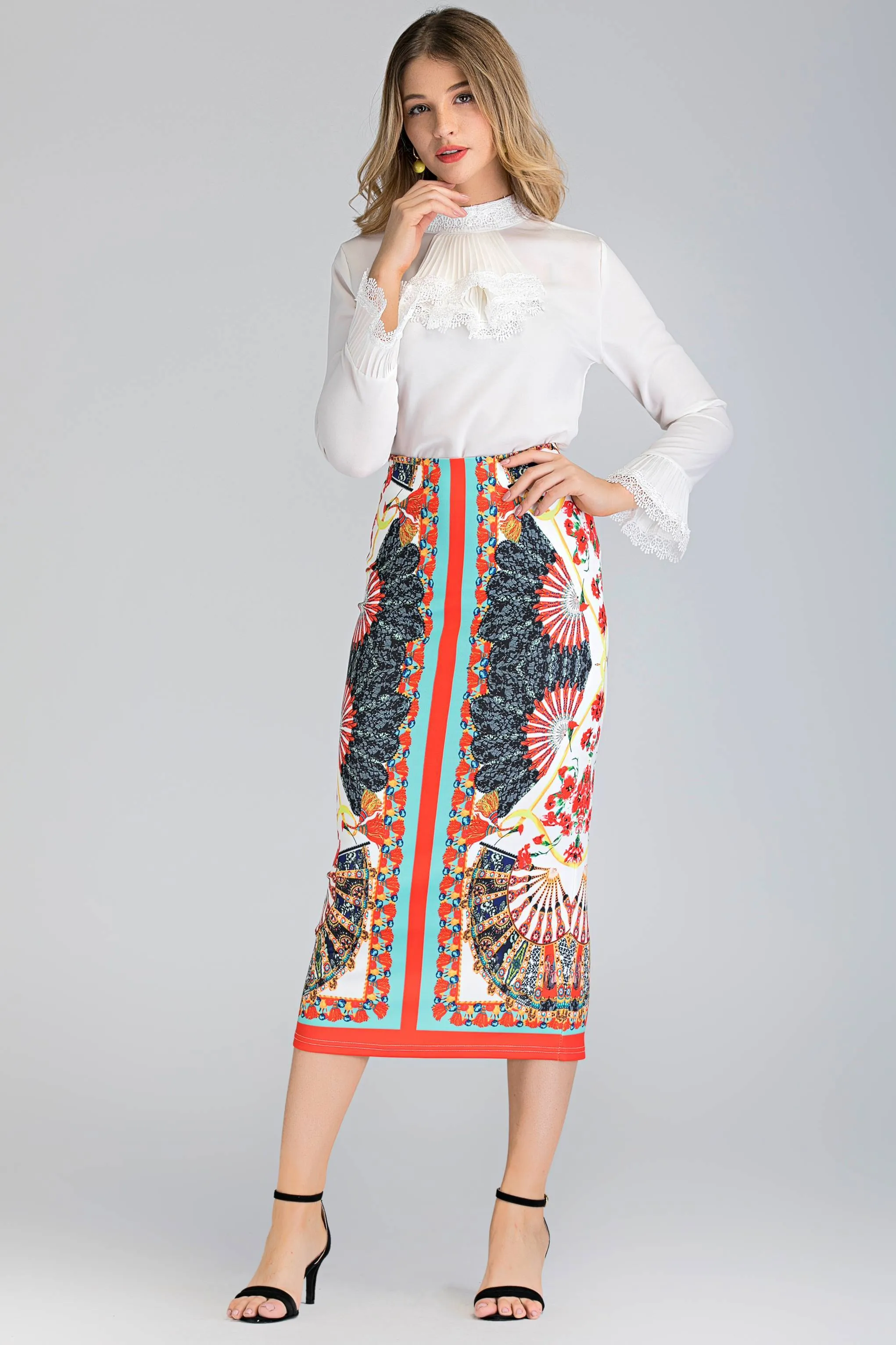 2 piece white Pleated Gabot Top and Printed Pencil Skirt Set