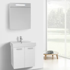 24 Inch Glossy White Wall Mount Bathroom Vanity with Fitted Ceramic Sink, Lighted Medicine Cabinet Included