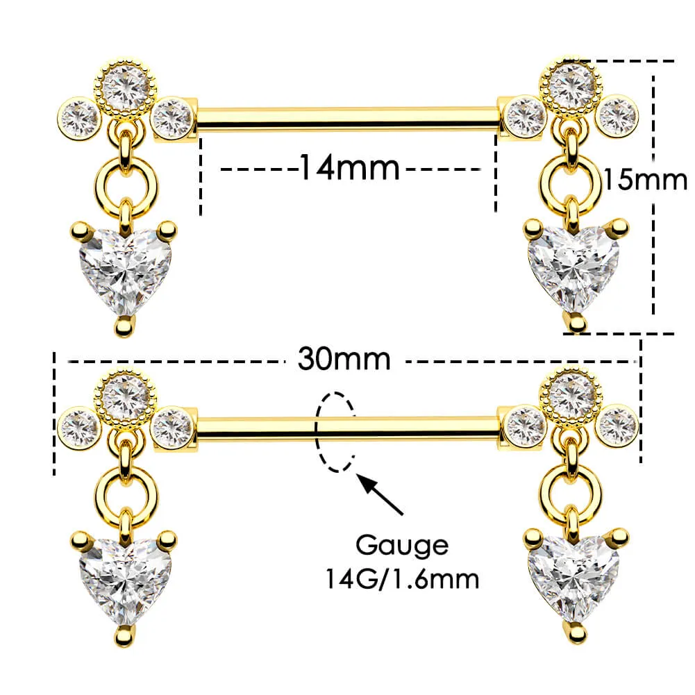 2Pcs 14G Heart CZ Dangle Nipple Barbell