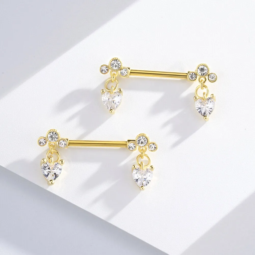 2Pcs 14G Heart CZ Dangle Nipple Barbell