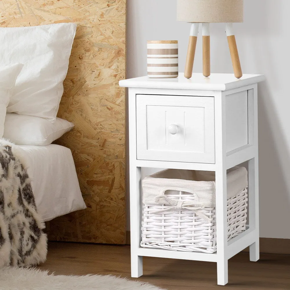 2x  Bedside Table  Stand With Wicker Basket Bed Side - White