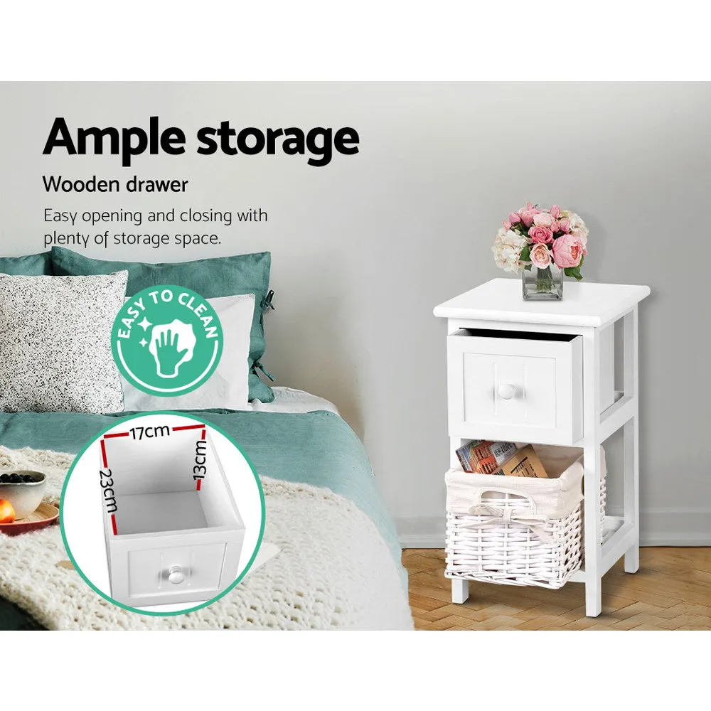 2x  Bedside Table  Stand With Wicker Basket Bed Side - White