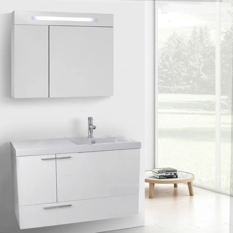 39 Inch Glossy White Bathroom Vanity with Fitted Ceramic Sink, Wall Mounted, Lighted Medicine Cabinet Included