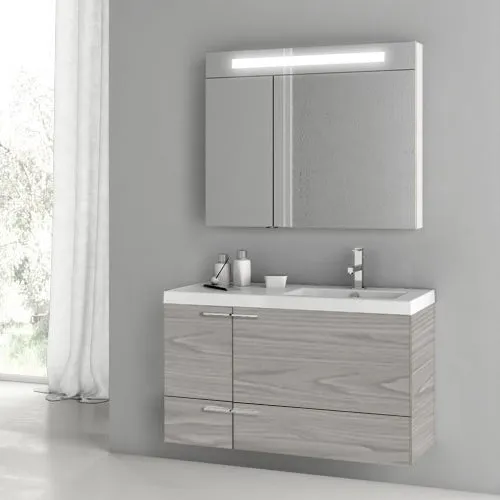 39 Inch Glossy White Bathroom Vanity with Fitted Ceramic Sink, Wall Mounted, Lighted Medicine Cabinet Included