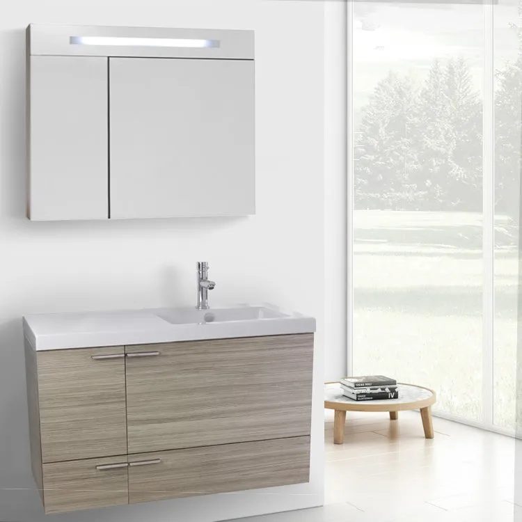 39 Inch Glossy White Bathroom Vanity with Fitted Ceramic Sink, Wall Mounted, Lighted Medicine Cabinet Included