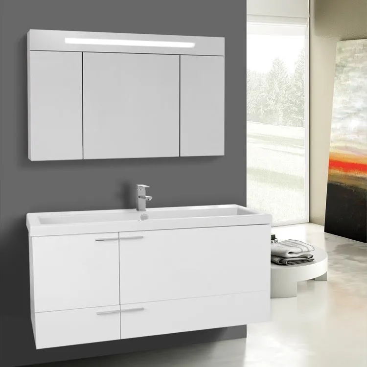 47 Inch Glossy White Bathroom Vanity with Fitted Ceramic Sink, Wall Mounted, Lighted Medicine Cabinet Included