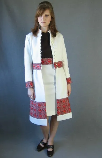 60s Mod Dress & Coat Set Women's Vintage Nehru Collar Paisley Trim Small to Medium VFG