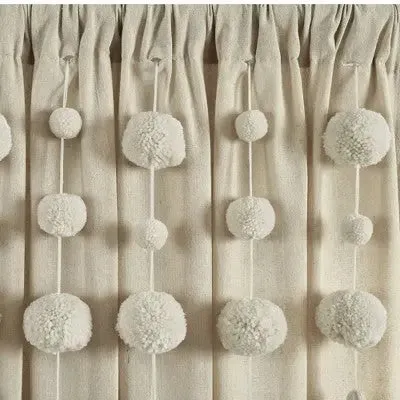 63"x52" Boho Pom Pom Tassel Linen Window Curtain Panel Beige - Lush Décor