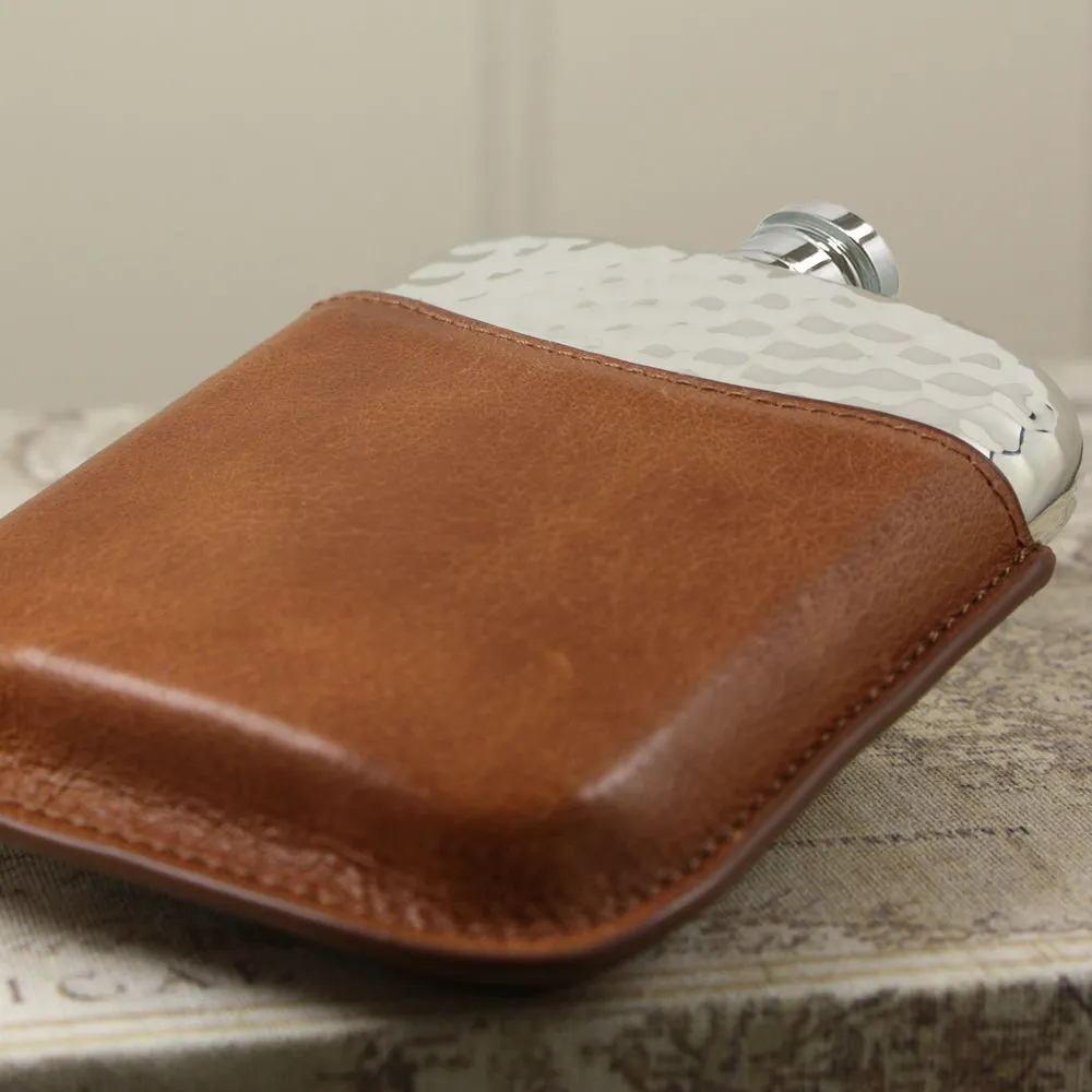 6oz Hammered Pewter Hip Flask with Genuine Tan Leather Pouch