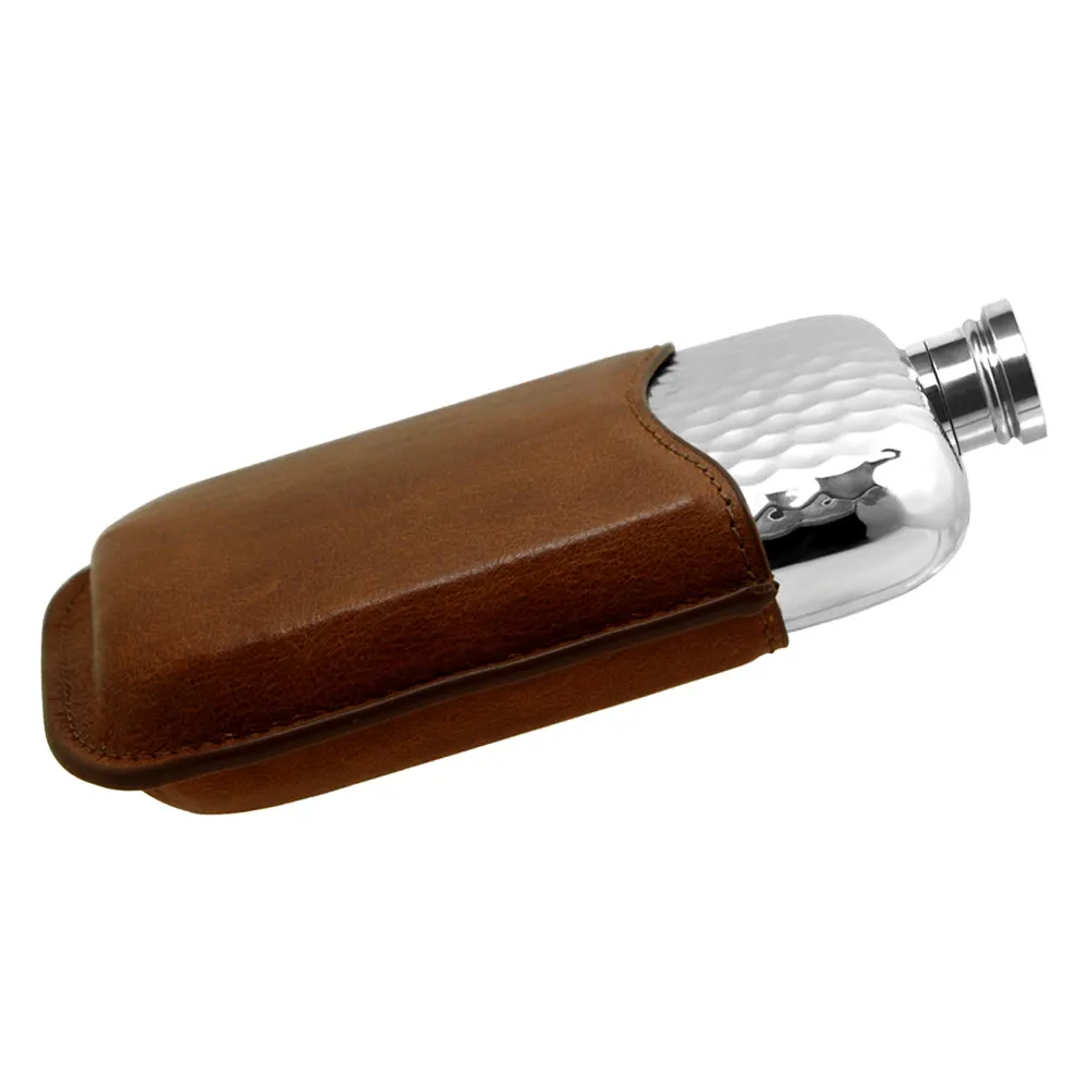 6oz Hammered Pewter Hip Flask with Genuine Tan Leather Pouch