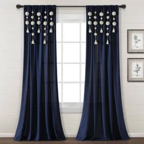 84"x52" Boho Pom Pom Tassel Linen Window Curtain Panels Navy Blue - Lush Décor