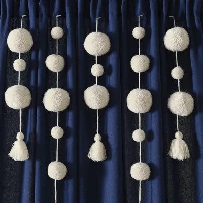 84"x52" Boho Pom Pom Tassel Linen Window Curtain Panels Navy Blue - Lush Décor