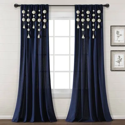 84"x52" Boho Pom Pom Tassel Linen Window Curtain Panels Navy Blue - Lush Décor