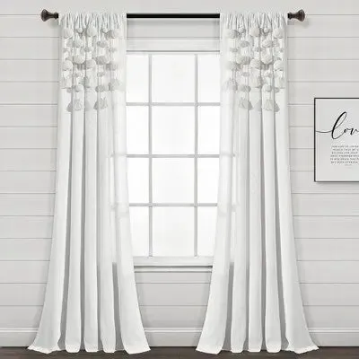 95"x52" Boho Pom Pom Tassel Linen Window Curtain Panel Off White - Lush Décor