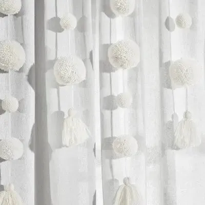 95"x52" Boho Pom Pom Tassel Linen Window Curtain Panel Off White - Lush Décor