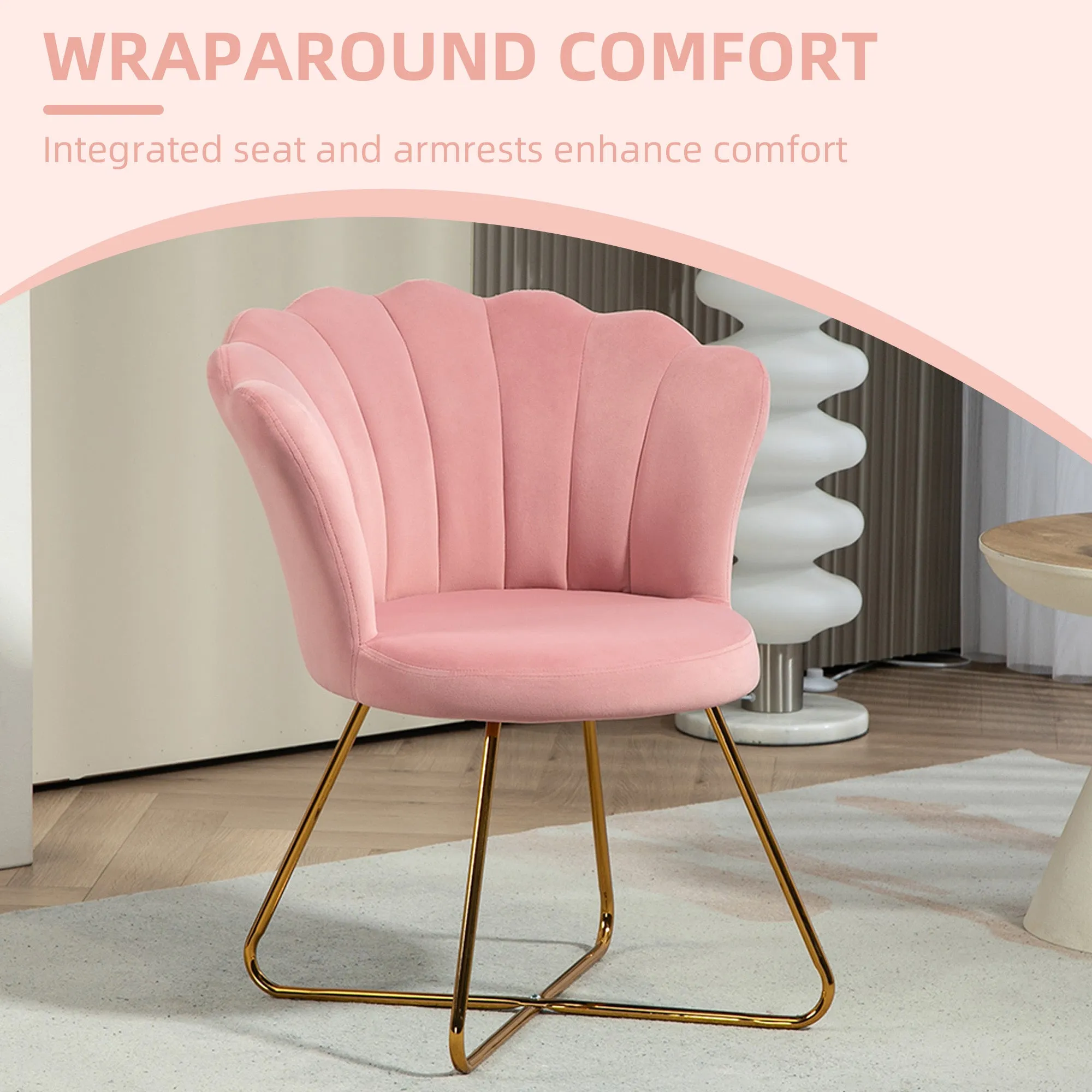 Accent Chair, Velvet Armchair with Lotus Backrest, Steel Legs, Pink