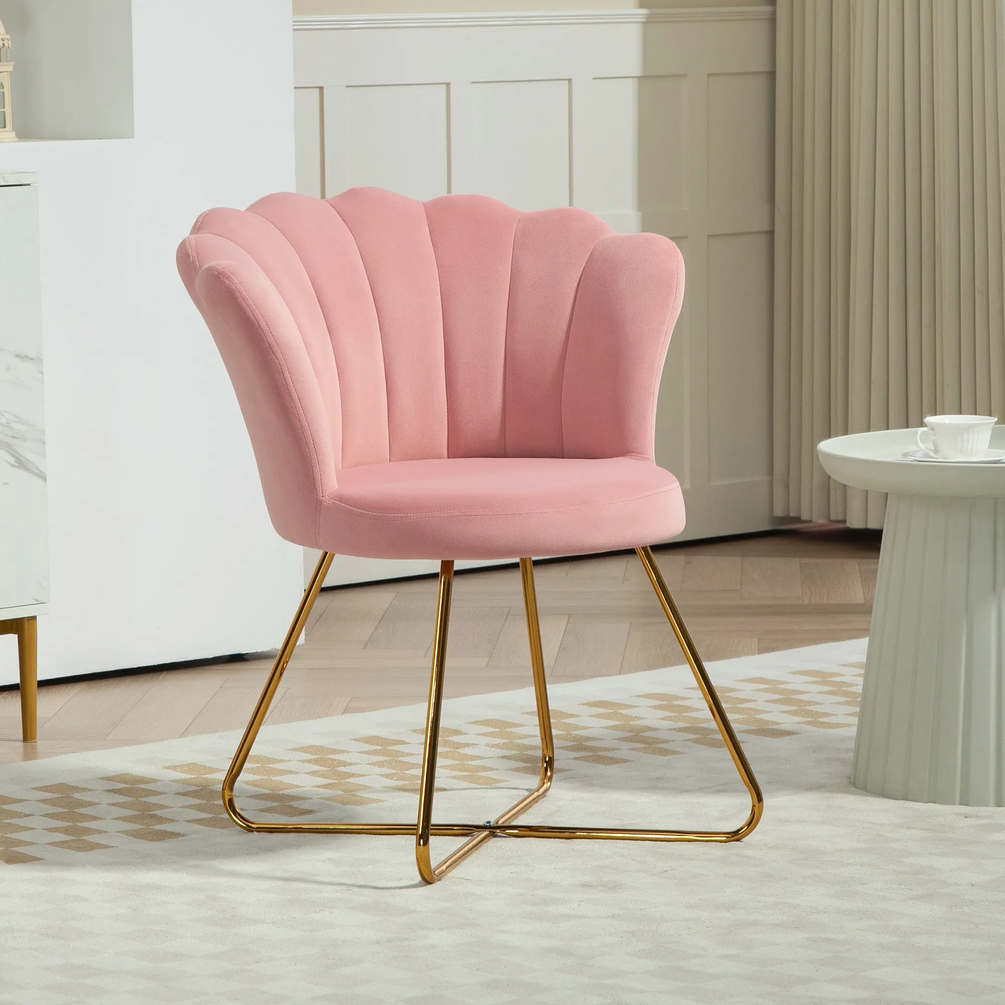 Accent Chair, Velvet Armchair with Lotus Backrest, Steel Legs, Pink