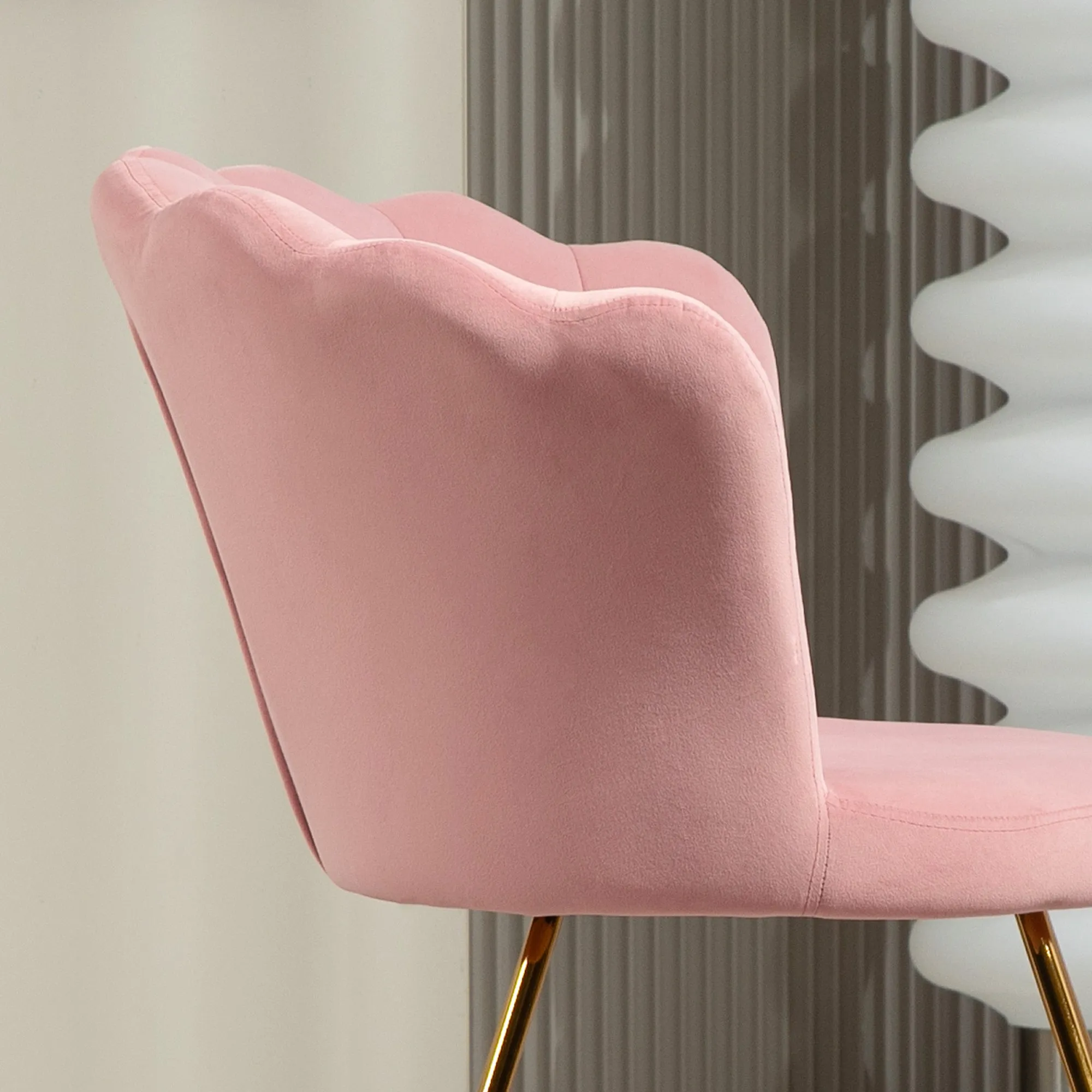 Accent Chair, Velvet Armchair with Lotus Backrest, Steel Legs, Pink