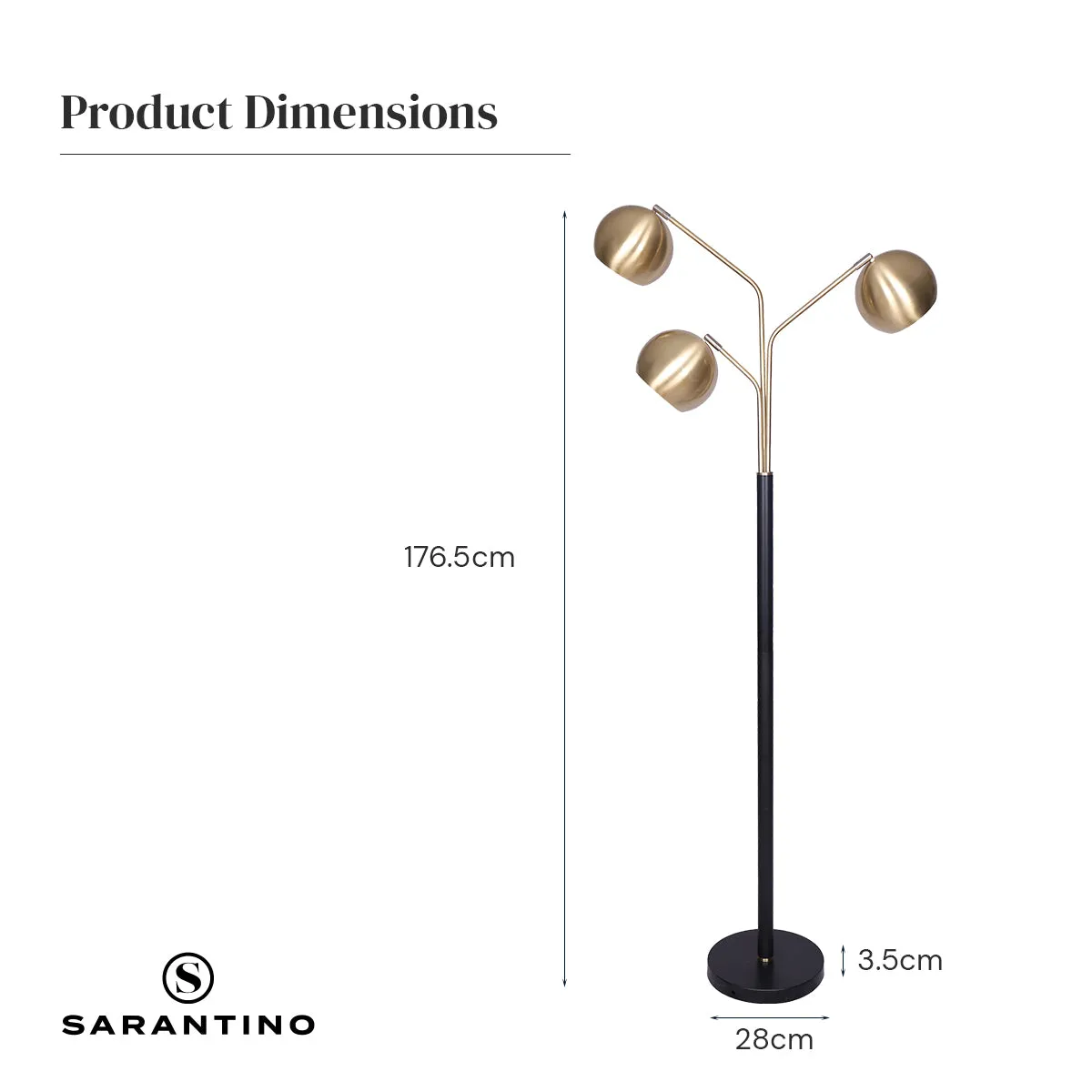 Adjustable 3-Arm Arc Lamp with Gold Finish & Black Base