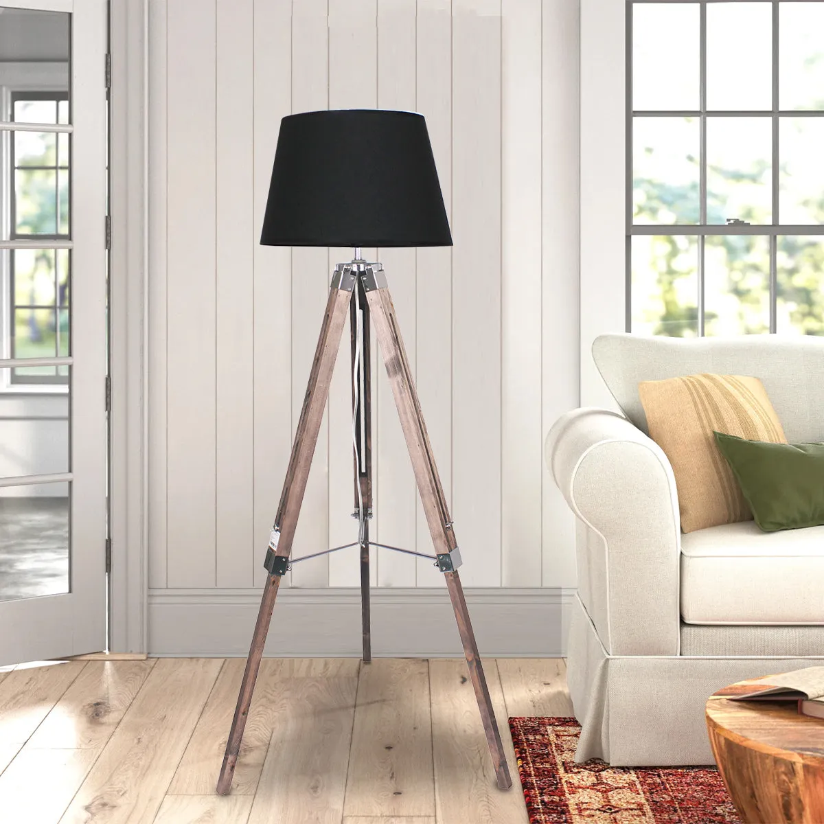 Adjustable Timber Tripod Floor Lamp, Black Shade, Sarantino