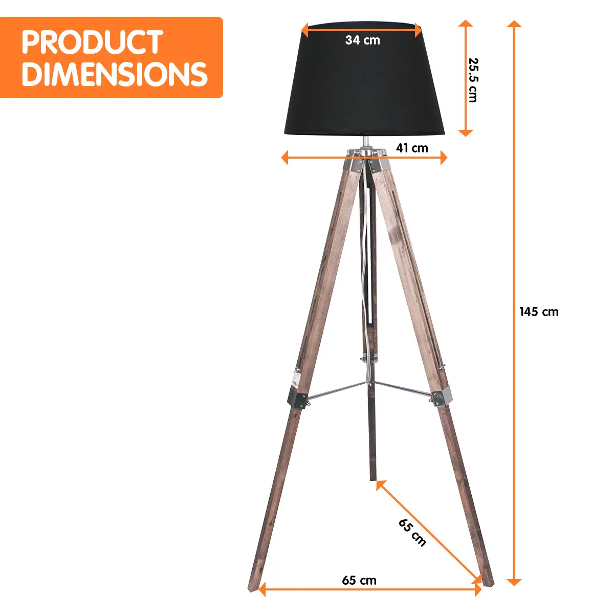 Adjustable Timber Tripod Floor Lamp, Black Shade, Sarantino