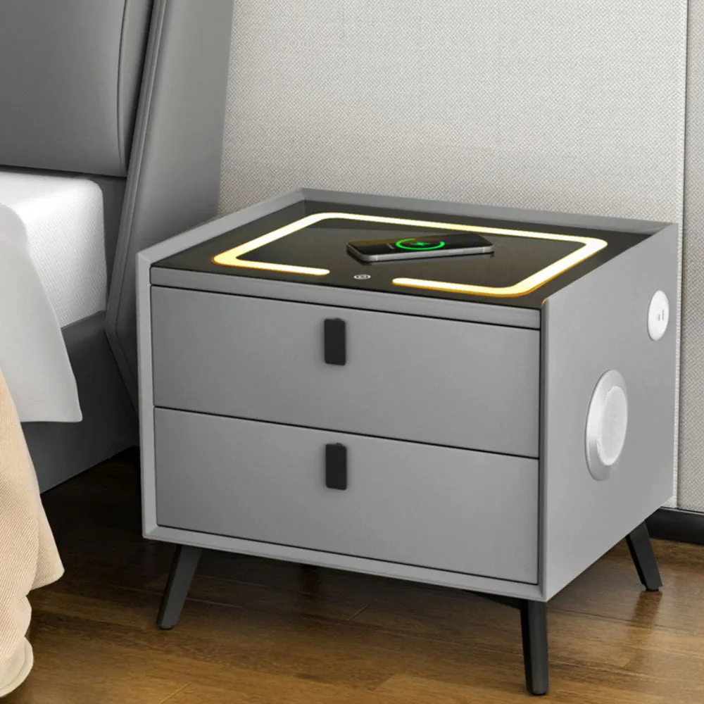 Aika Grey Smart Bedside Table with Wireless Charging, LED Lights & Bluetooth Speaker - Grey