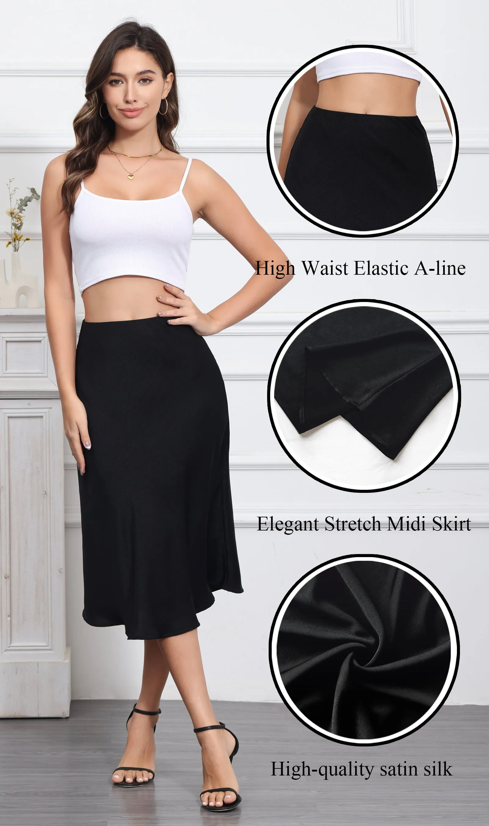 ALCEA ROSEA Womens Midi Satin Silky Skirt Elastic High Waisted A-line Elegant Wedding Skirts Black AR7302