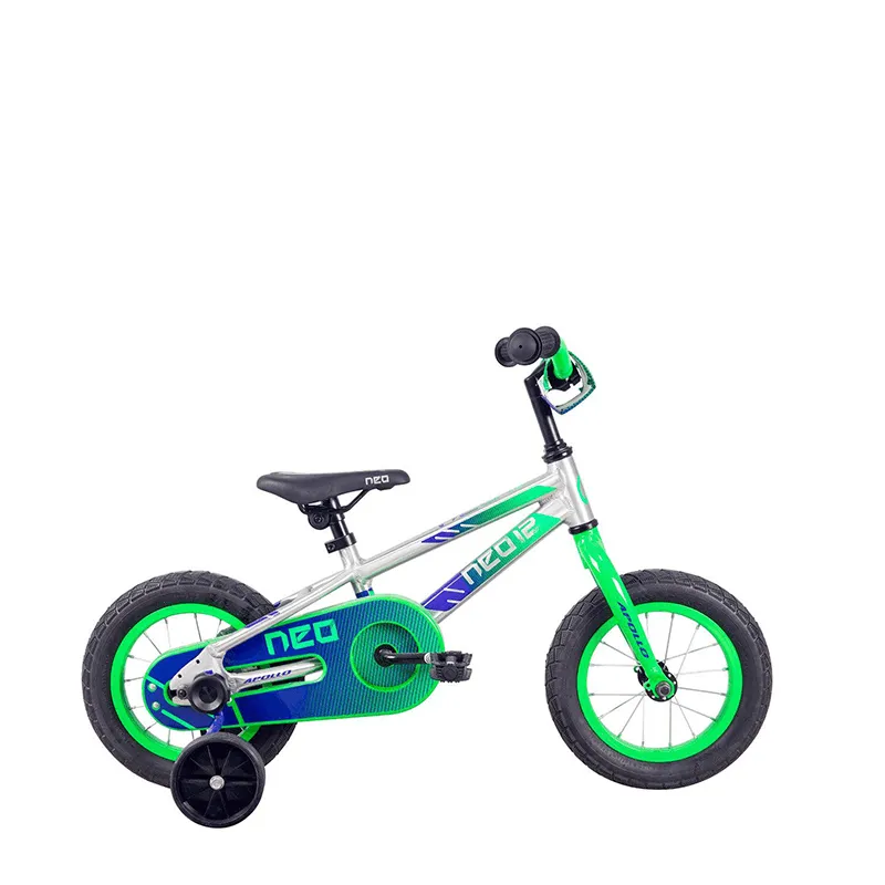 Apollo Neo  12" Kids Bikes - Brushed Alloy / Neon Green / Navy Blue Fade