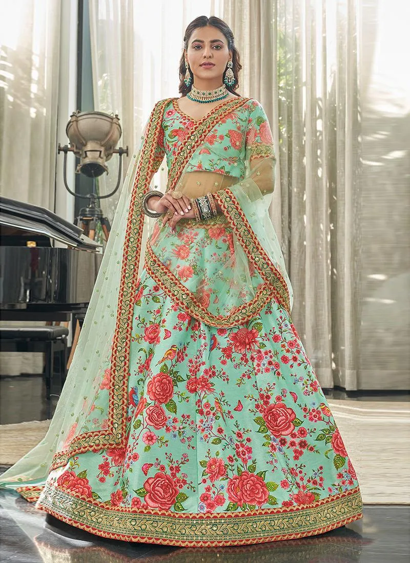 Art Silk Fabric Embroidered Mint Green Floral Lehenga