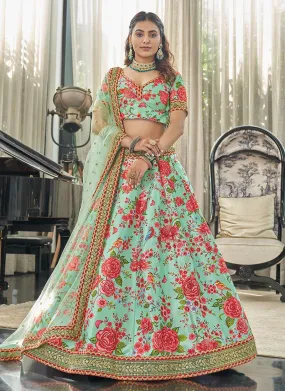 Art Silk Fabric Embroidered Mint Green Floral Lehenga