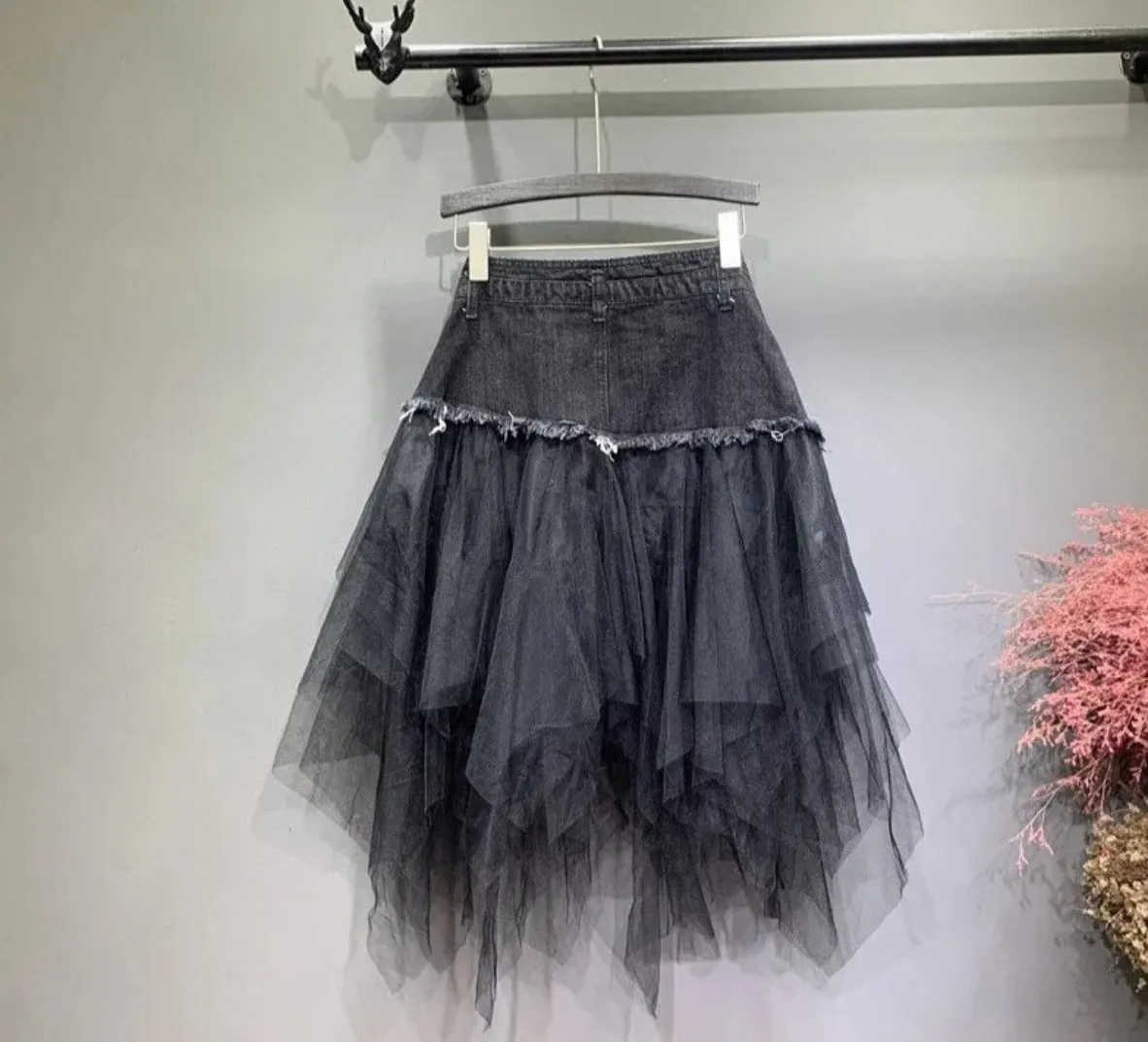 Asymmetrical Denim Jeans Tulle Skirt