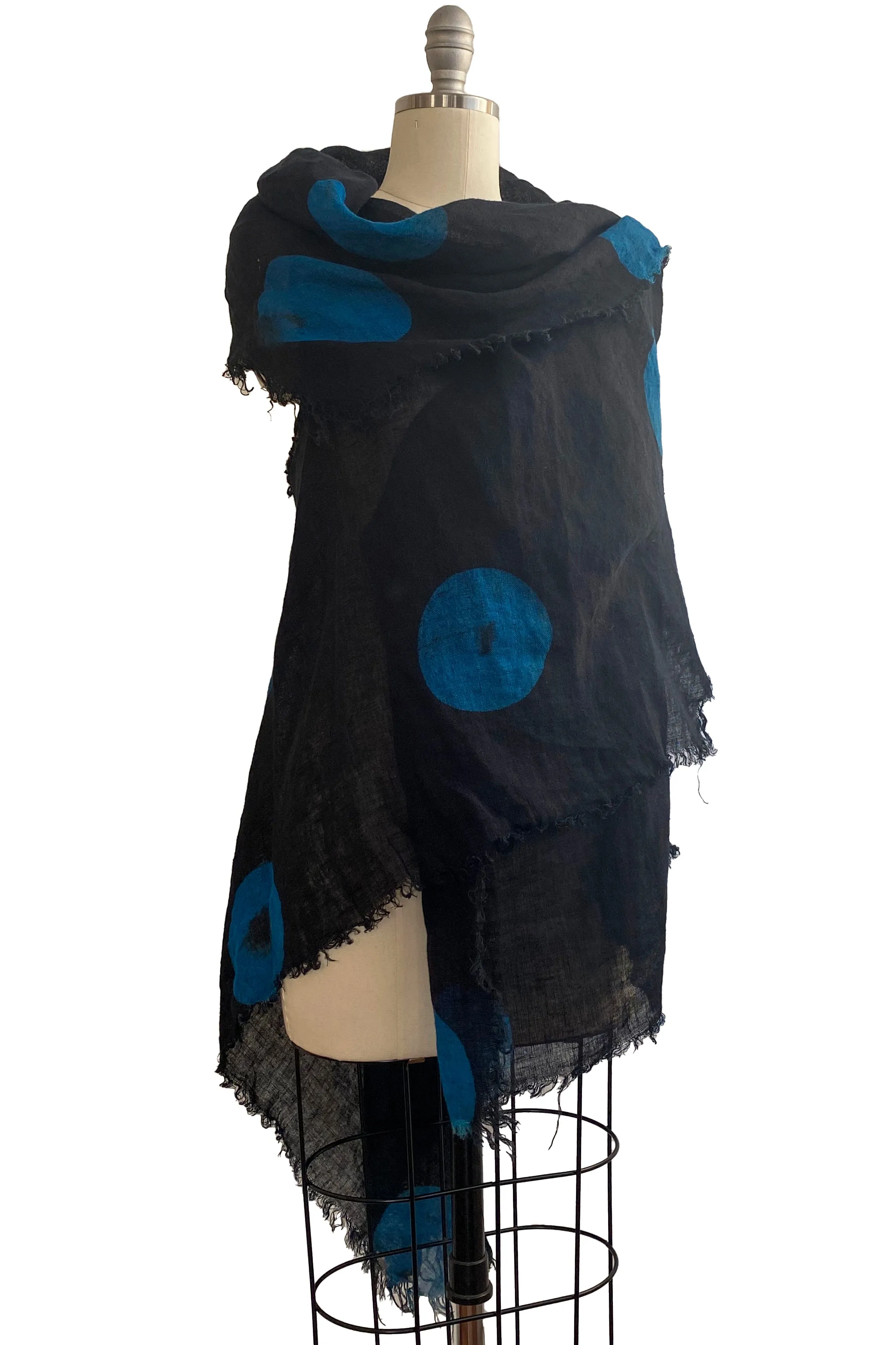 Asymmetrical Wrap Vest - Open Weave Linen w/ Moon Print - Black & Blue