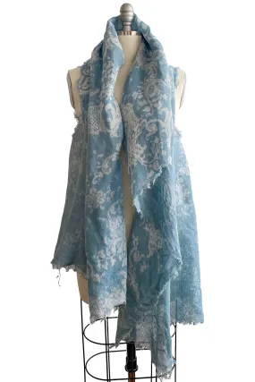 Asymmetrical Wrap Vest - Open Weave Linen w/ Wallpaper Print - Light Blue