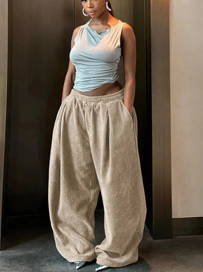 Basic Pocket High Waist Trousers Corduroy Streetwear Long Bottoms