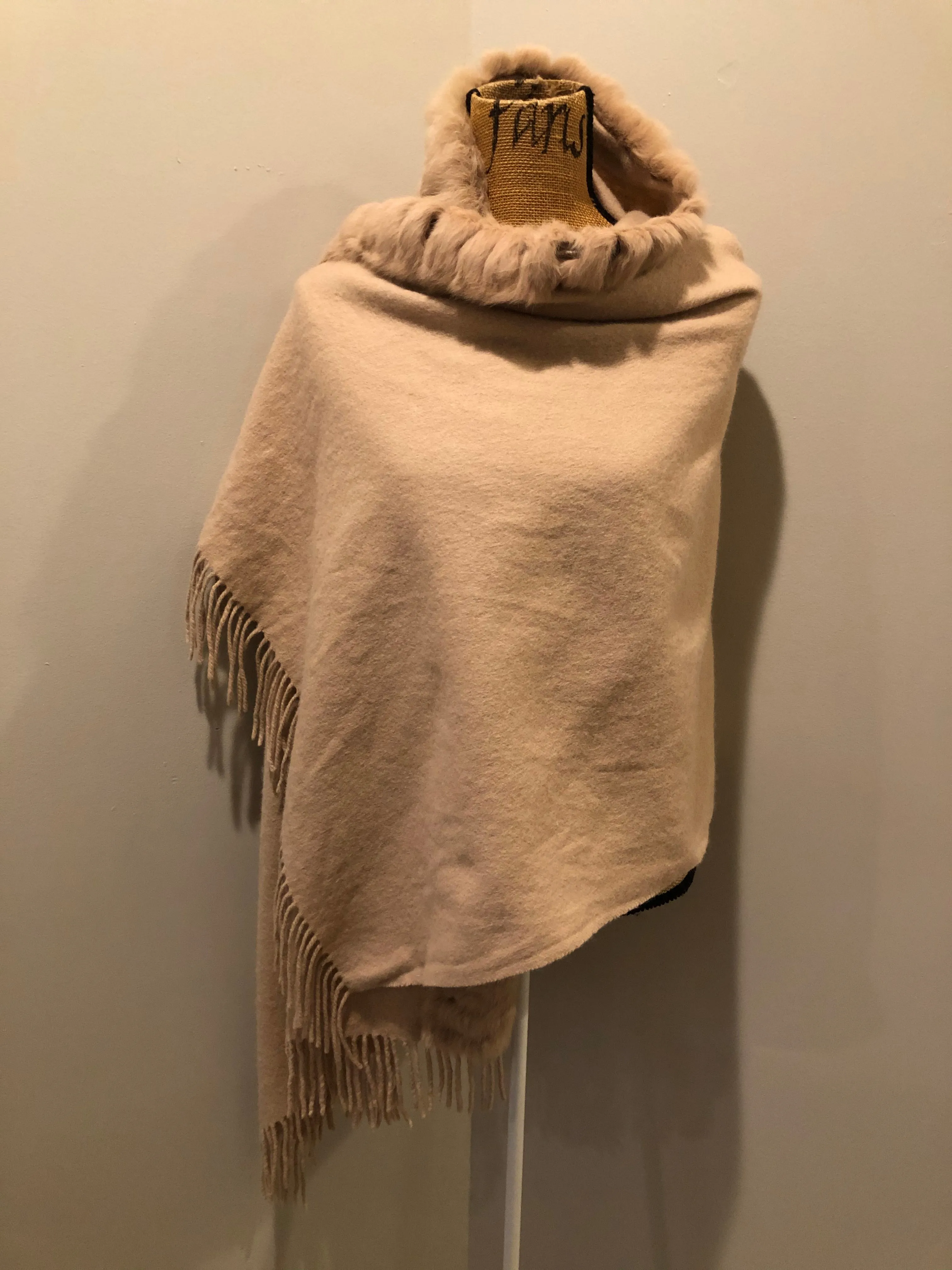 Beige Wool Cape with Rabbit Fur Trim SOLD