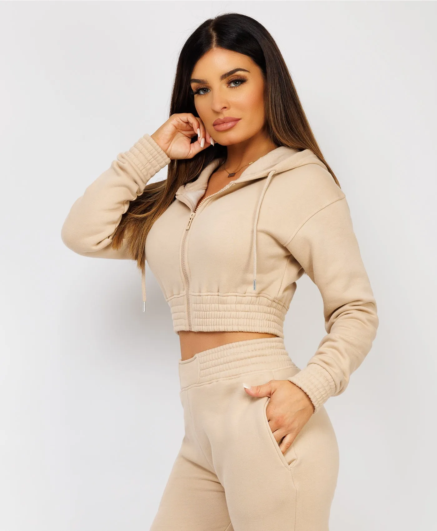 Beige Zipped Cropped Hooded Tracksuit Loungewear Set