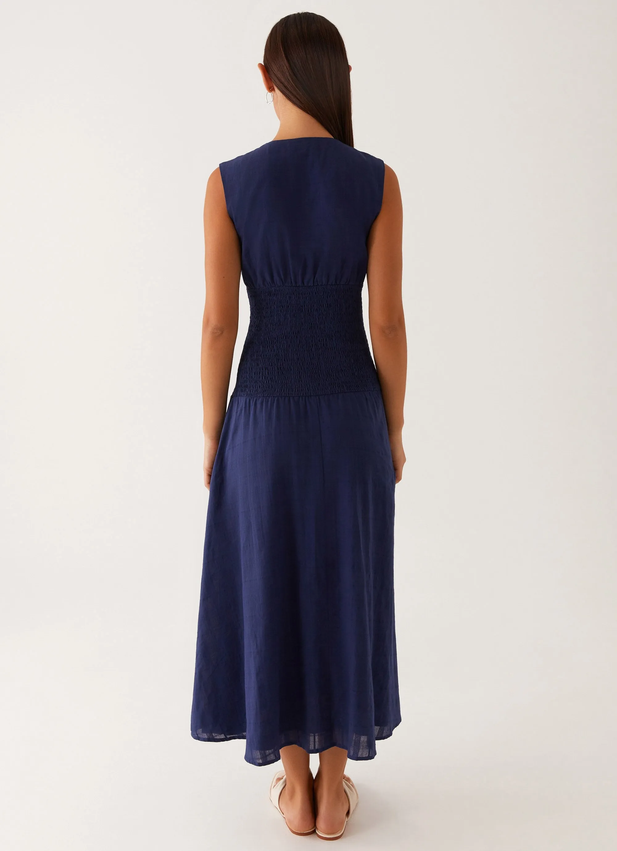 Belle Shirred Waist Midi Dress - Navy