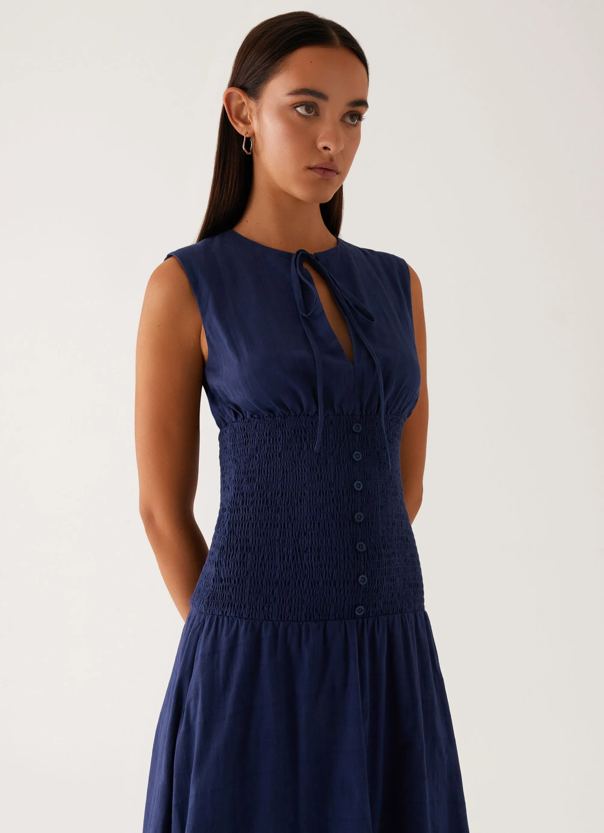 Belle Shirred Waist Midi Dress - Navy