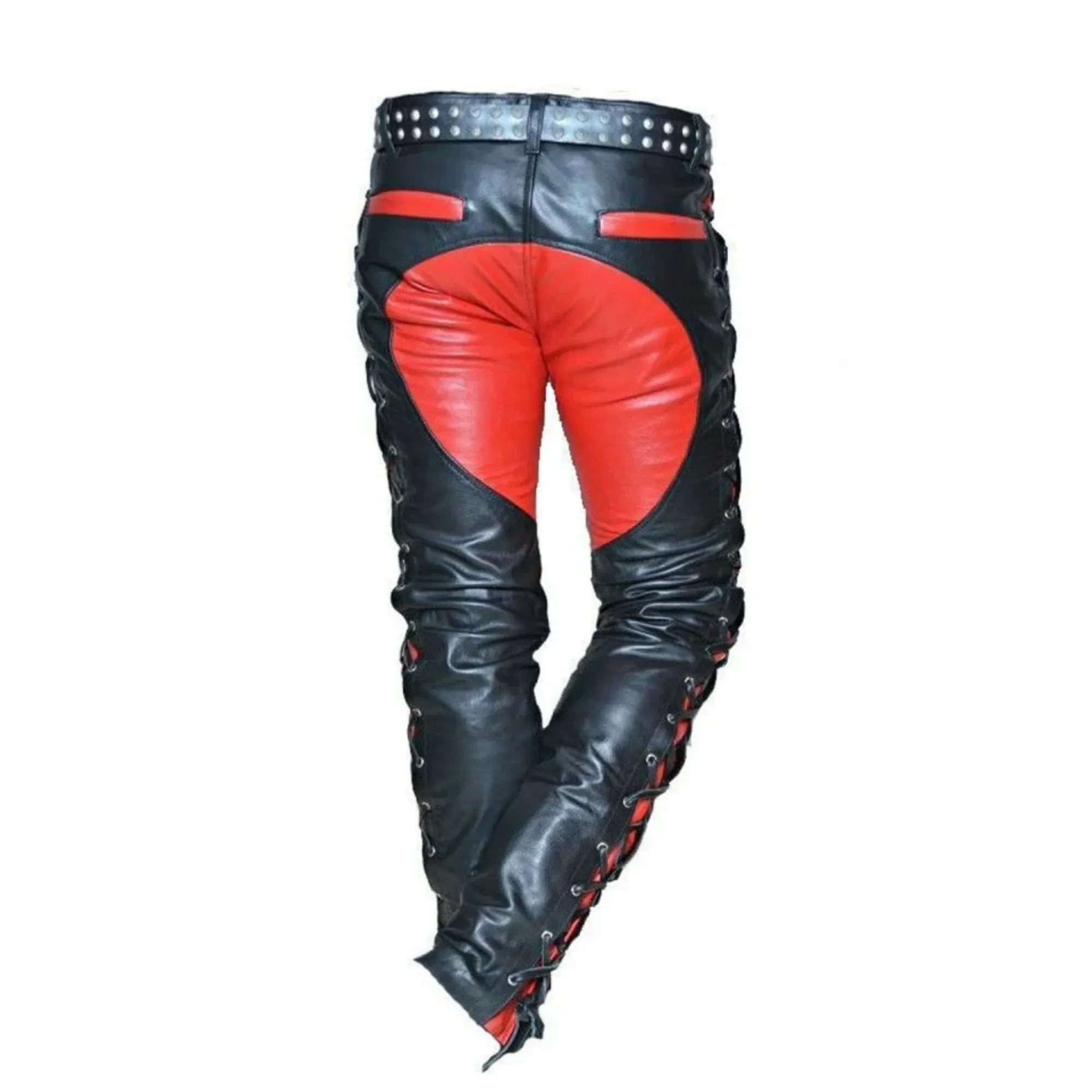 Black and Red Leather Pants with Side Laces